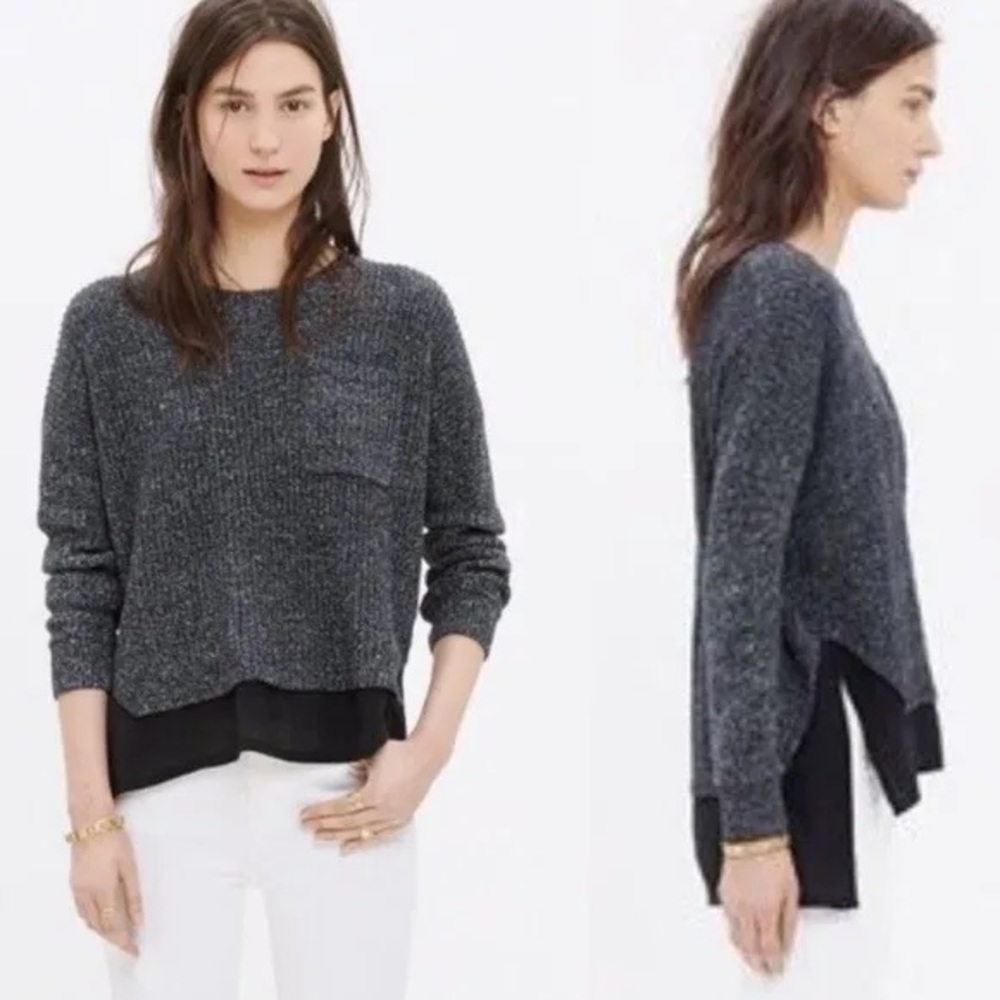 Madewell Marled Black Alliance Silk Trim Ribbed Knit Pullover Crewneck Sweater